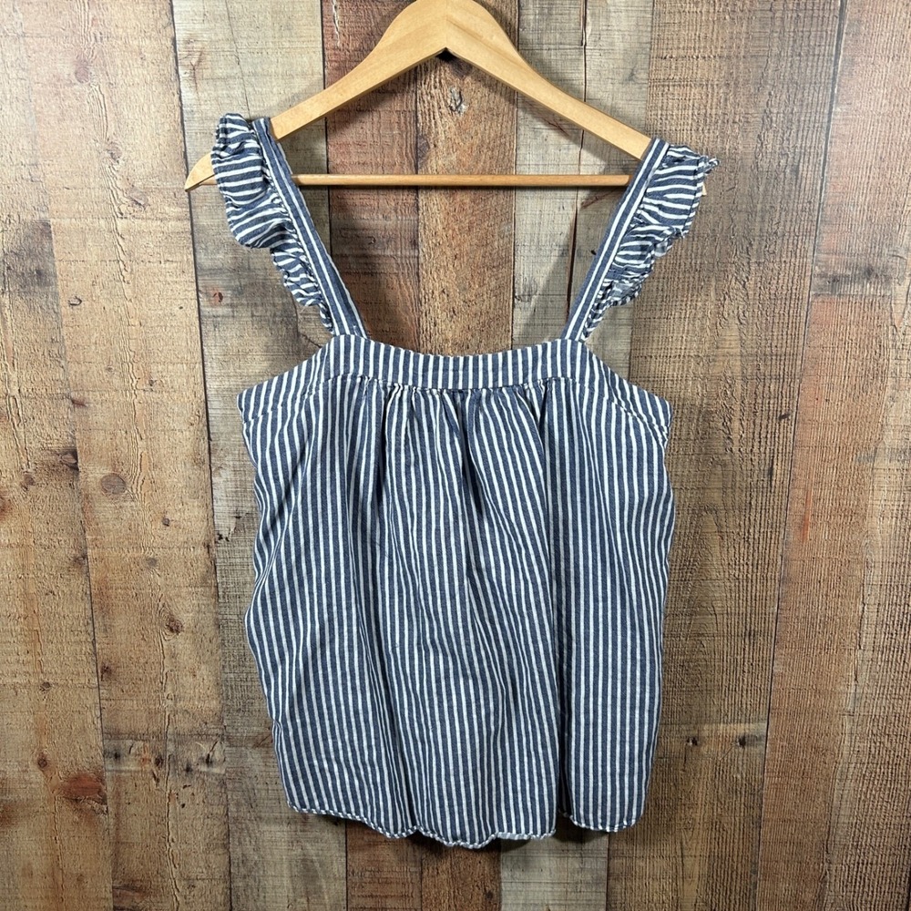 Old Navy Blue White Striped Ruffle Strap Linen Cotton Top Large Coastal Nautical